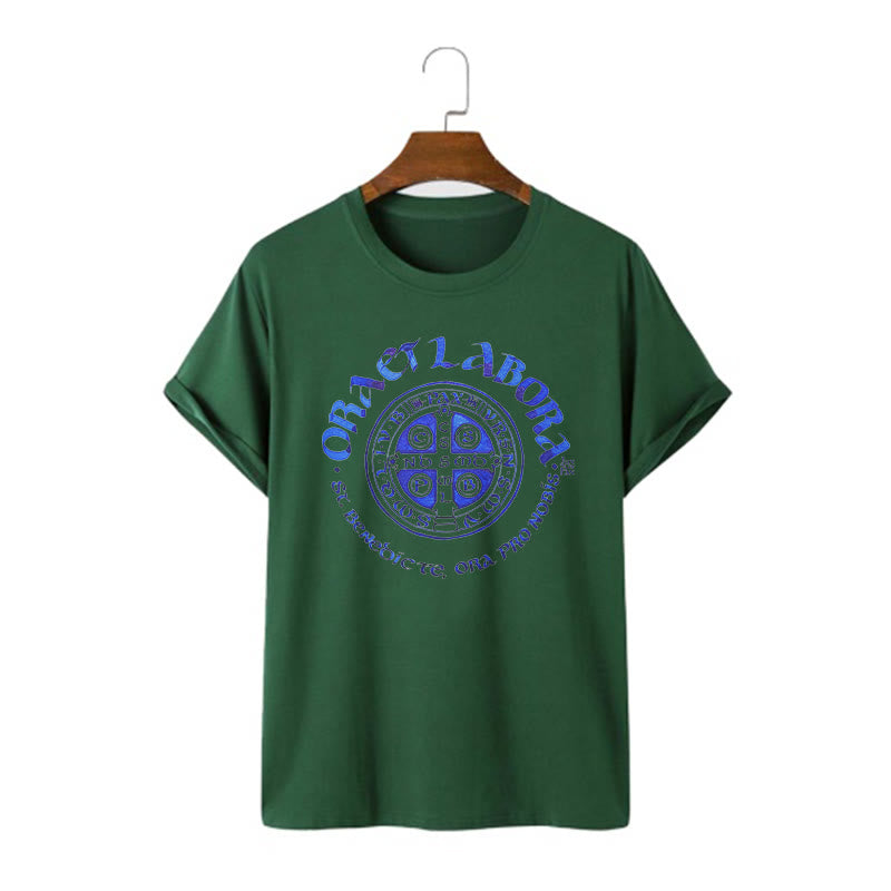 Classic Style Ora et Labora Saint Benedict Medal Short Sleeve Washed T-shirt