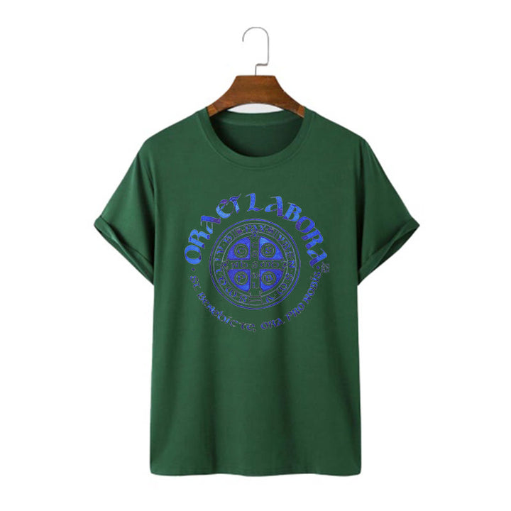 Classic Style Ora et Labora Saint Benedict Medal Short Sleeve Washed T-shirt