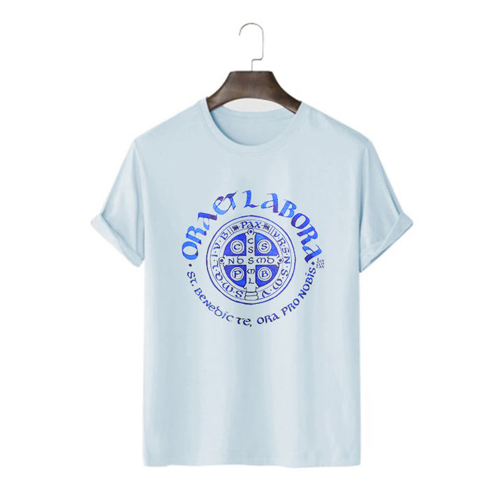 Classic Style Ora et Labora Saint Benedict Medal Short Sleeve Washed T-shirt