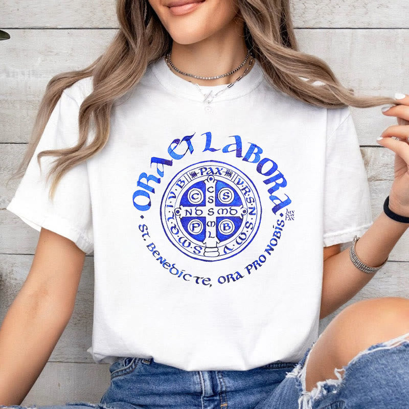 Classic Style Ora et Labora Saint Benedict Medal Short Sleeve Washed T-shirt