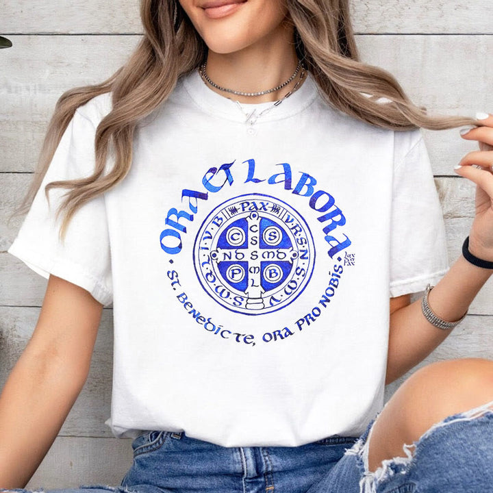 Classic Style Ora et Labora Saint Benedict Medal Short Sleeve Washed T-shirt