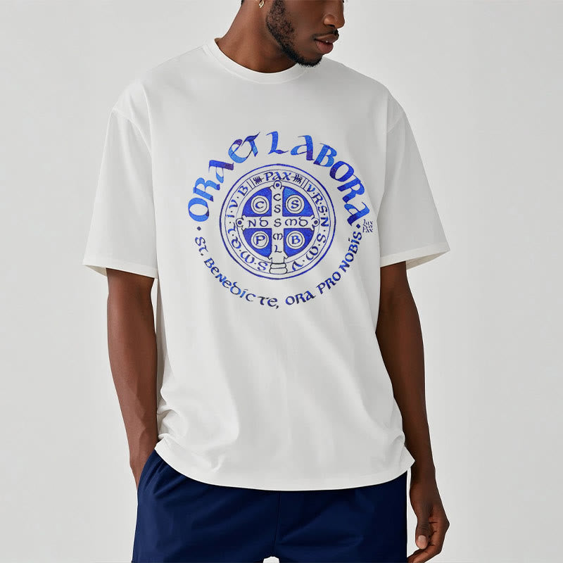 Classic Style Ora et Labora Saint Benedict Medal Short Sleeve Washed T-shirt