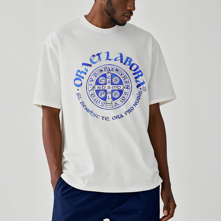 Classic Style Ora et Labora Saint Benedict Medal Short Sleeve Washed T-shirt