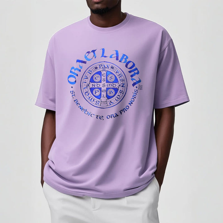 Classic Style Ora et Labora Saint Benedict Medal Short Sleeve Washed T-shirt