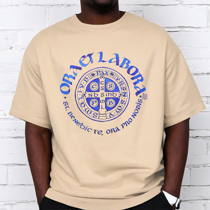 Classic Style Ora et Labora Saint Benedict Medal Short Sleeve Washed T-shirt