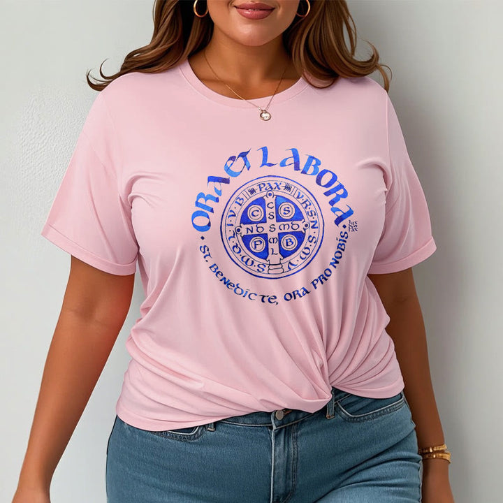Classic Style Ora et Labora Saint Benedict Medal Short Sleeve Washed T-shirt