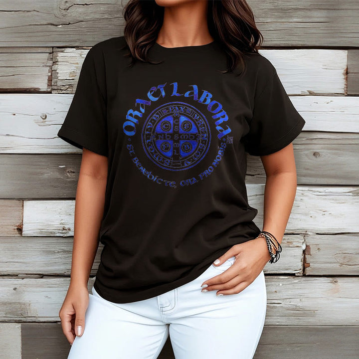 Classic Style Ora et Labora Saint Benedict Medal Short Sleeve Washed T-shirt
