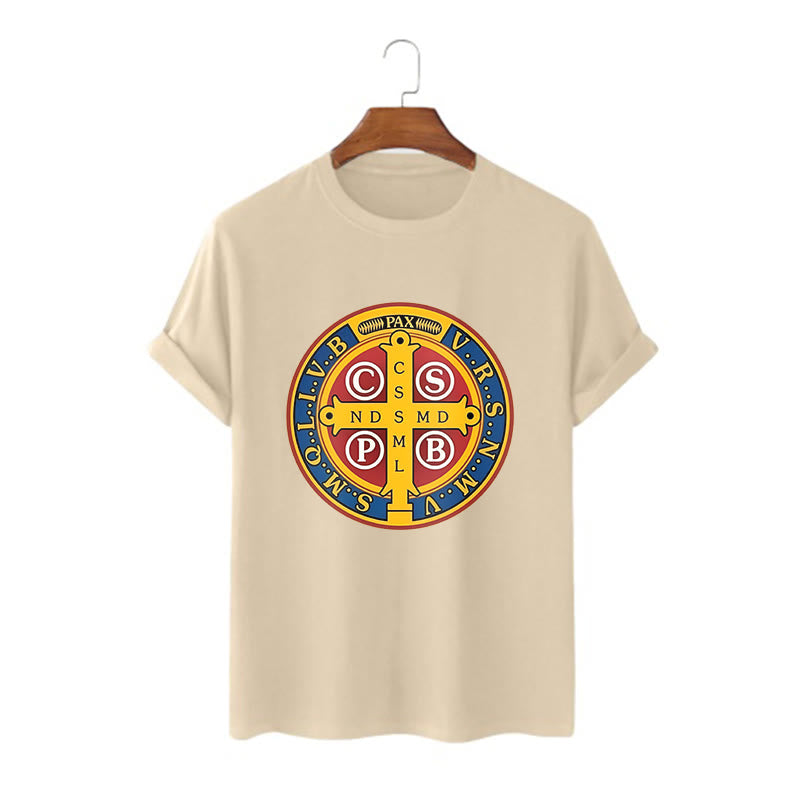 Christianartworkshop Classic Style Golden St. Benedict Medal Short Sleeve T-shirt - Khaki - 2XL - image 8