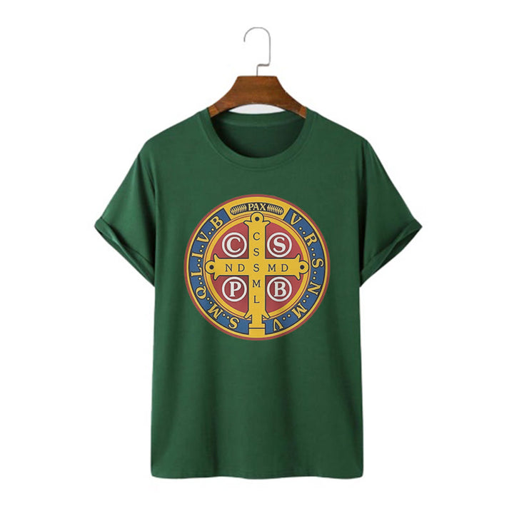 Christianartworkshop Classic Style Golden St. Benedict Medal Short Sleeve T-shirt - Dark Green - 2XL - image 9