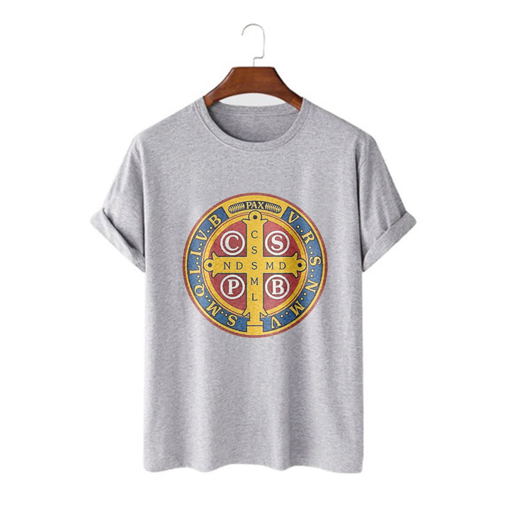 Christianartworkshop Classic Style Golden St. Benedict Medal Short Sleeve T-shirt - Grey - 2XL - image 18