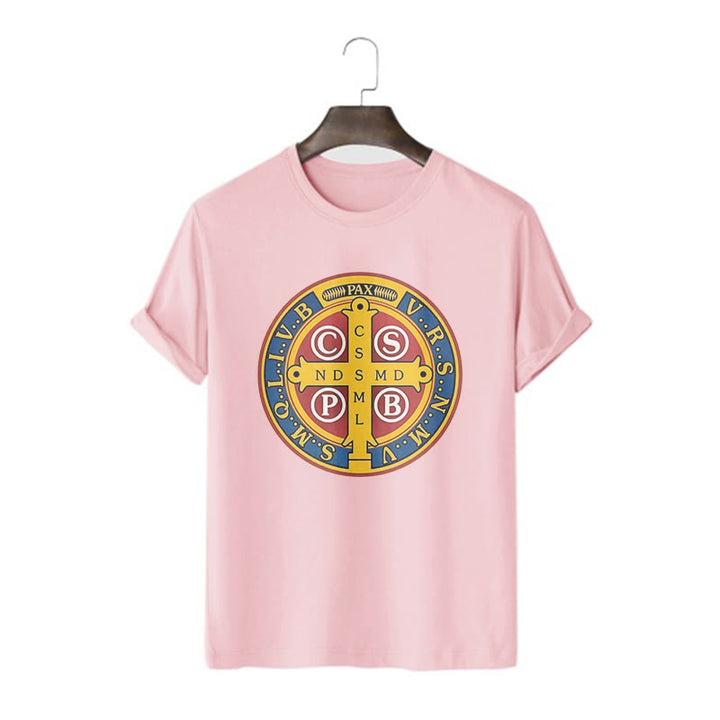 Christianartworkshop Classic Style Golden St. Benedict Medal Short Sleeve T-shirt - Pink - 2XL - image 14
