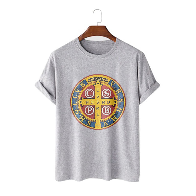 Christianartworkshop Classic Style Golden St. Benedict Medal Short Sleeve T-shirt - Grey - 2XL - image 19