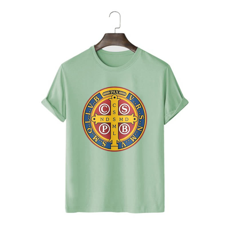 Christianartworkshop Classic Style Golden St. Benedict Medal Short Sleeve T-shirt - Light Green - 2XL - image 12