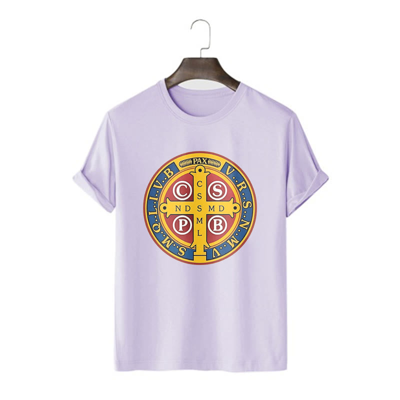 Christianartworkshop Classic Style Golden St. Benedict Medal Short Sleeve T-shirt - Purple - 2XL - image 15