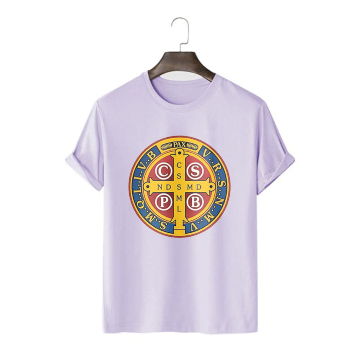 Christianartworkshop Classic Style Golden St. Benedict Medal Short Sleeve T-shirt - Purple - 2XL - image 15