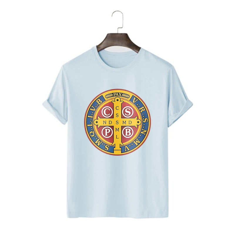 Christianartworkshop Classic Style Golden St. Benedict Medal Short Sleeve T-shirt - Blue - 2XL - image 17