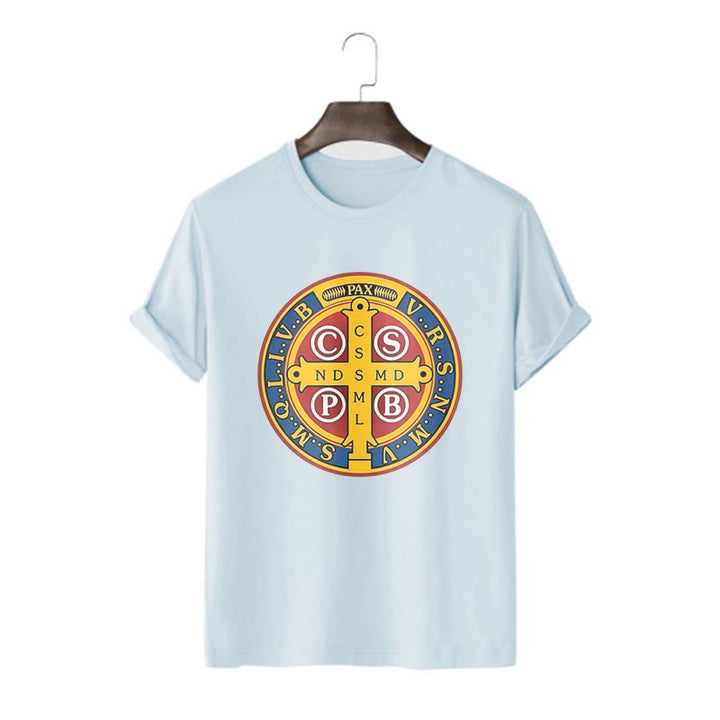 Christianartworkshop Classic Style Golden St. Benedict Medal Short Sleeve T-shirt - Blue - 2XL - image 17