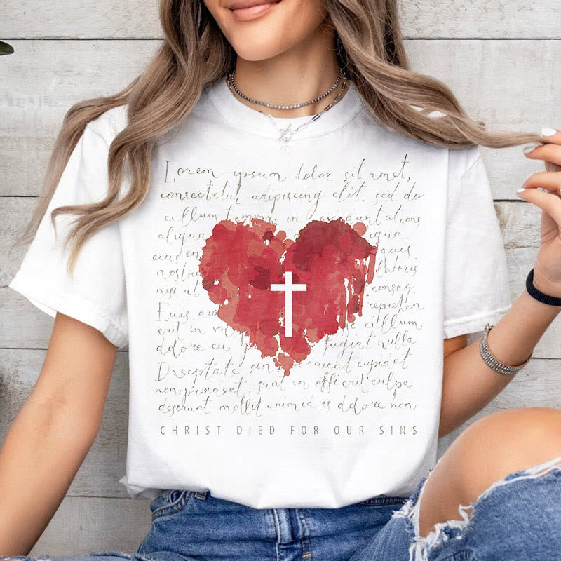 Christianartworkshop Fresh Style Cross and Heart Short Sleeve T-shirt - image 3