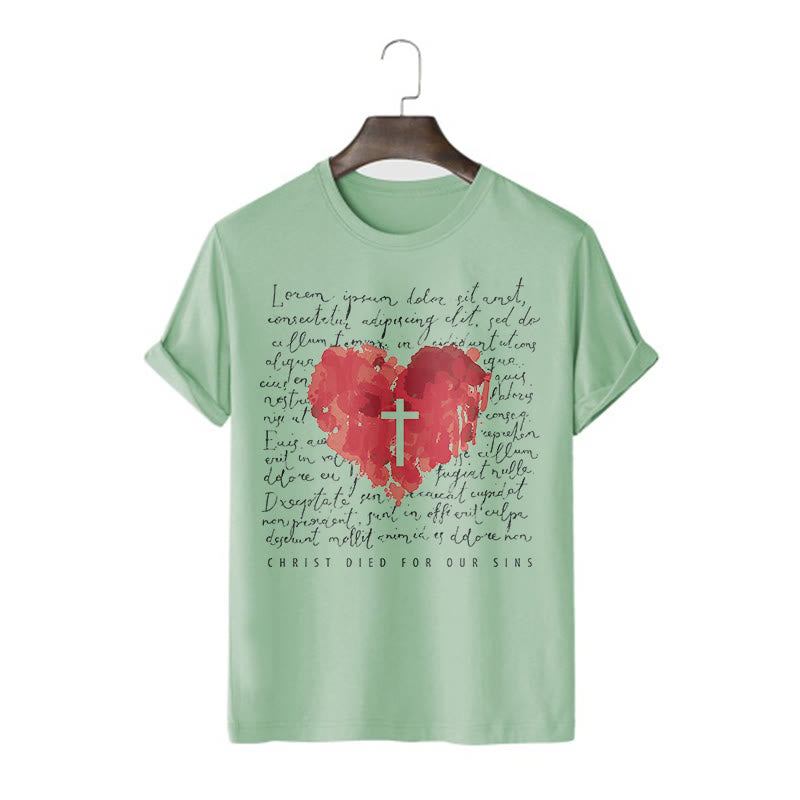 Christianartworkshop Fresh Style Cross and Heart Short Sleeve T-shirt - Light Green - 2XL - image 12