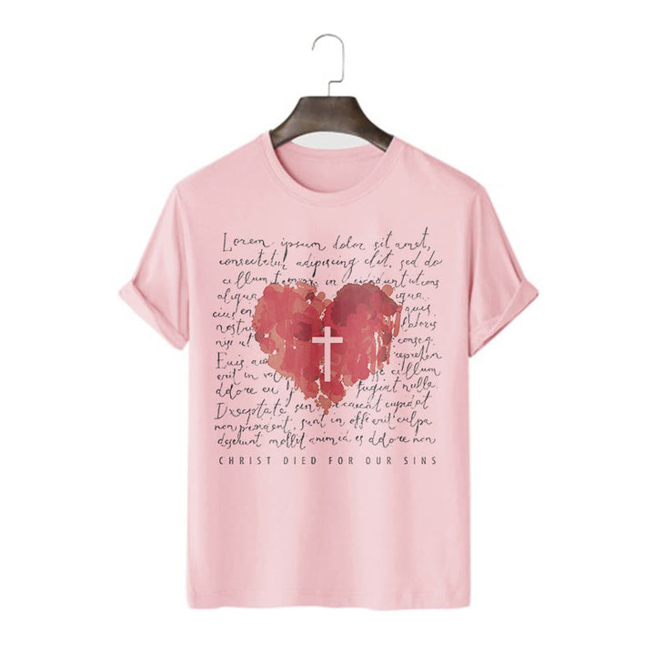 Christianartworkshop Fresh Style Cross and Heart Short Sleeve T-shirt - Pink - 2XL - image 13