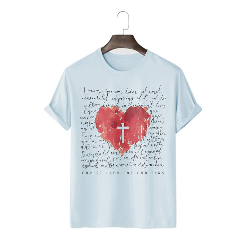 Christianartworkshop Fresh Style Cross and Heart Short Sleeve T-shirt - Blue - 2XL - image 0
