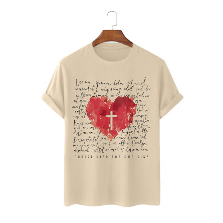 Christianartworkshop Fresh Style Cross and Heart Short Sleeve T-shirt - Khaki - 2XL - image 8