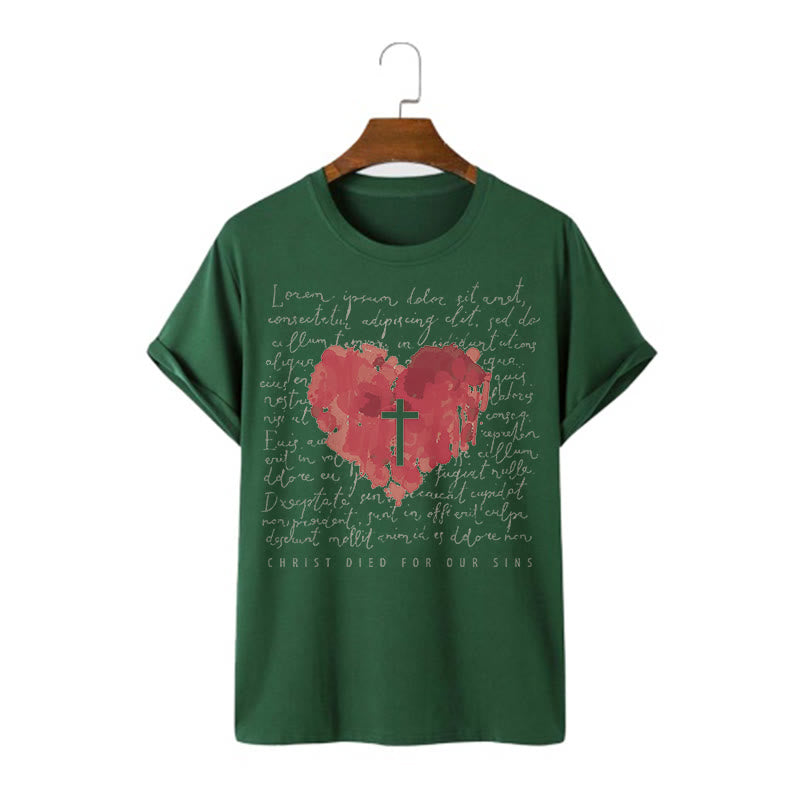 Christianartworkshop Fresh Style Cross and Heart Short Sleeve T-shirt - Dark Green - 2XL - image 10