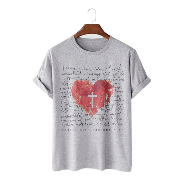 Christianartworkshop Fresh Style Cross and Heart Short Sleeve T-shirt - Grey - 2XL - image 18