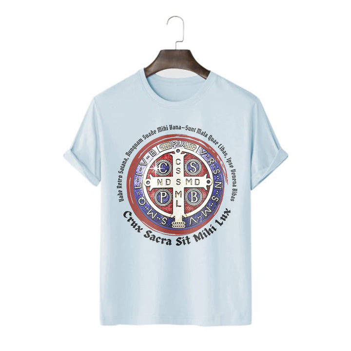 Christianartworkshop Classic Style Saint Benedict Medal Short Sleeve T-shirt - Blue - 2XL - image 17