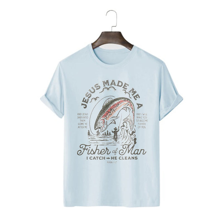 Christianartworkshop Quotaion Style Jesus Made Me A Fisher Of Man Short Sleeve T-shirt - Blue - 2XL - image 16