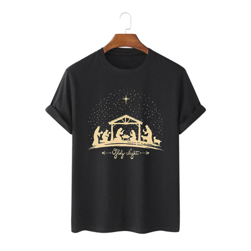 Christianartworkshop Modern Style Nativity Scene Holy Night Silhouett Short Sleeve T-shirt - Black - 2XL - image 0