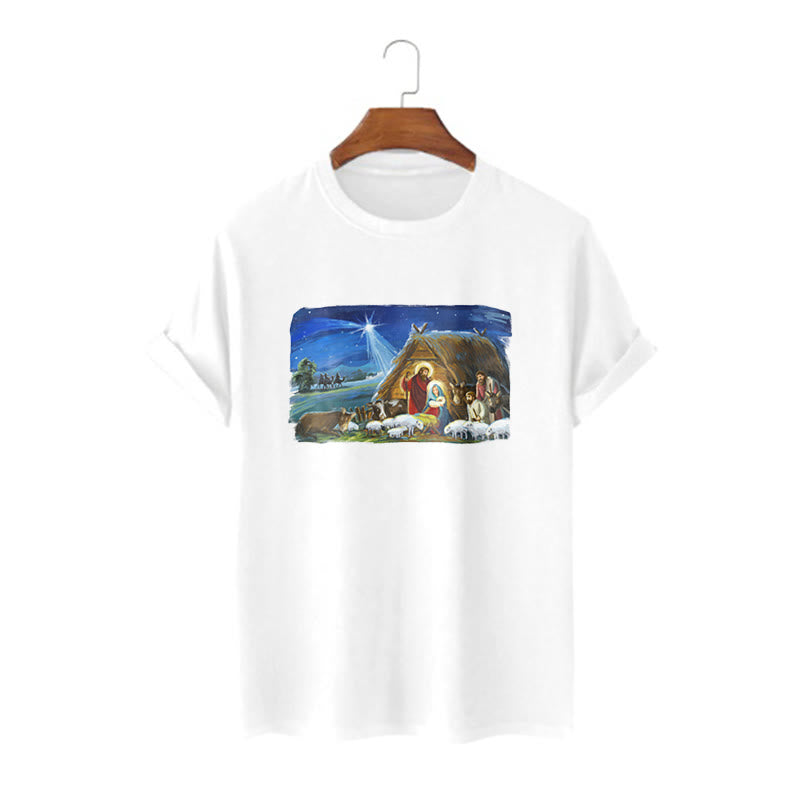 Christianartworkshop Colored Style Star Of Bethlehem Nativity Scene Short Sleeve T-shirt - White - 2XL - image 0