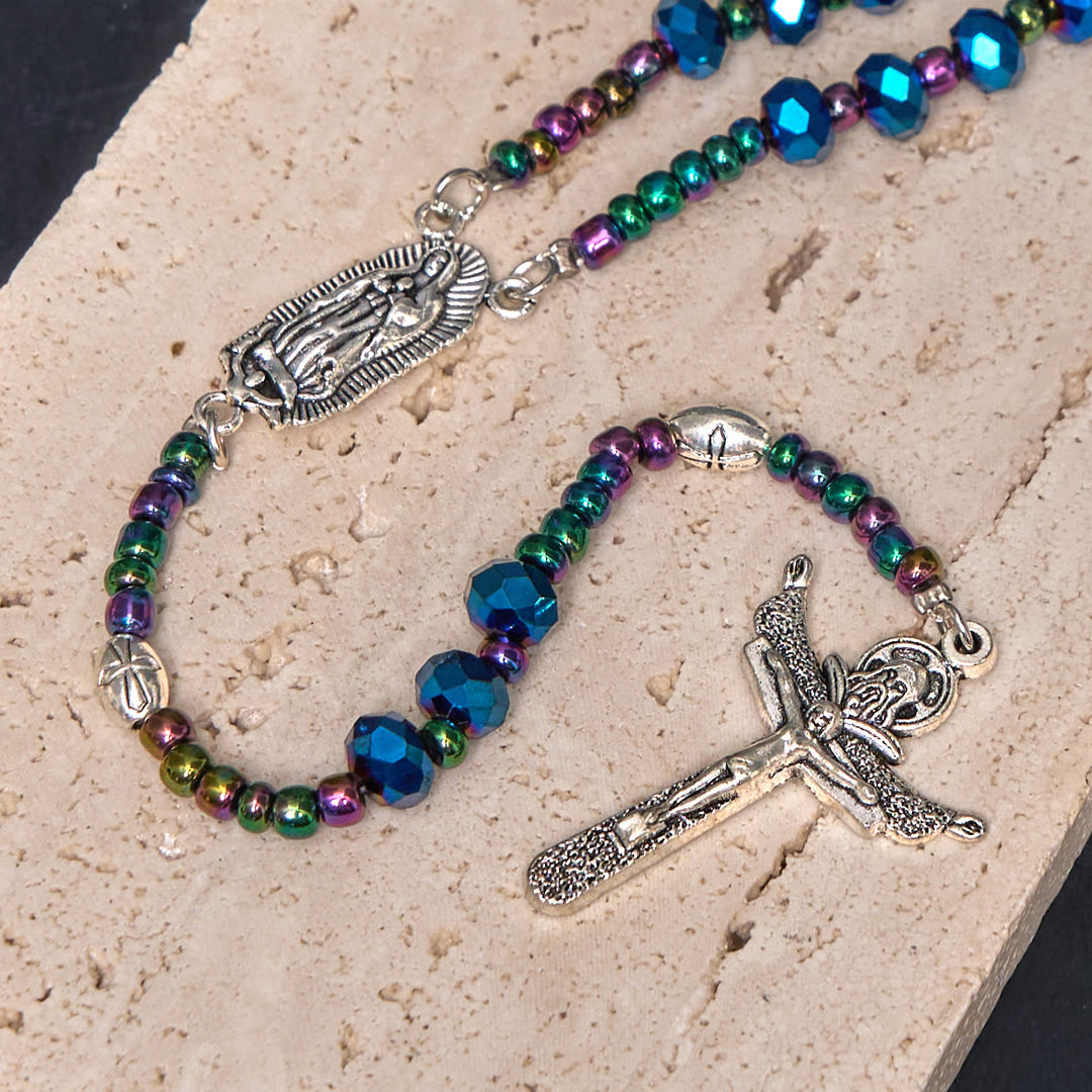 Our Lady of Guadalupe & Trinity Cross of 4*6 mm Polyhedron Blue Crystal Nylon Cord Rosary - image 3