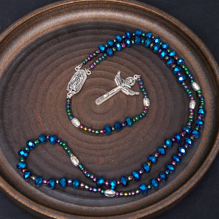 Our Lady of Guadalupe & Trinity Cross of 4*6 mm Polyhedron Blue Crystal Nylon Cord Rosary - image 2