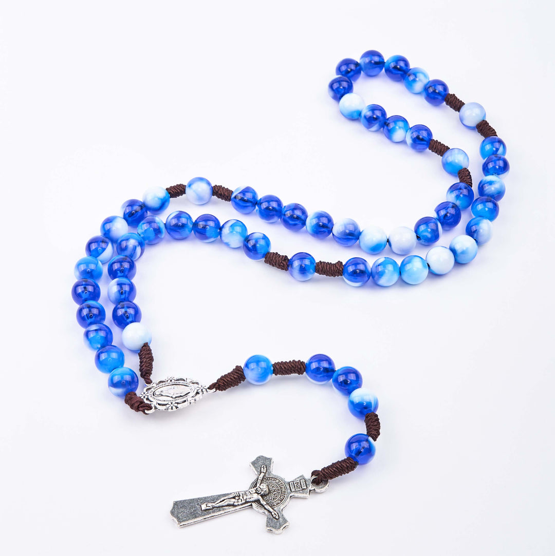 Miraculous Medal & Crucifix of 10 mm Round Blue/Purple Acrylic Nylon Cord Rosary