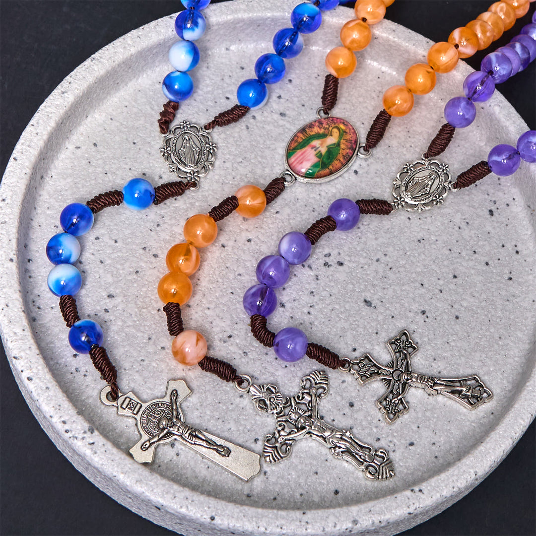 Miraculous Medal & Crucifix of 10 mm Round Blue/Purple Acrylic Nylon Cord Rosary