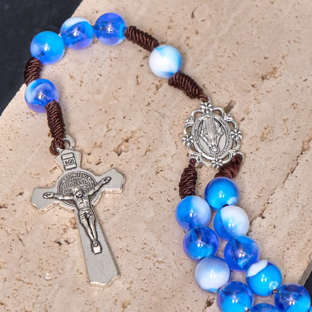 Miraculous Medal & Crucifix of 10 mm Round Blue/Purple Acrylic Nylon Cord Rosary