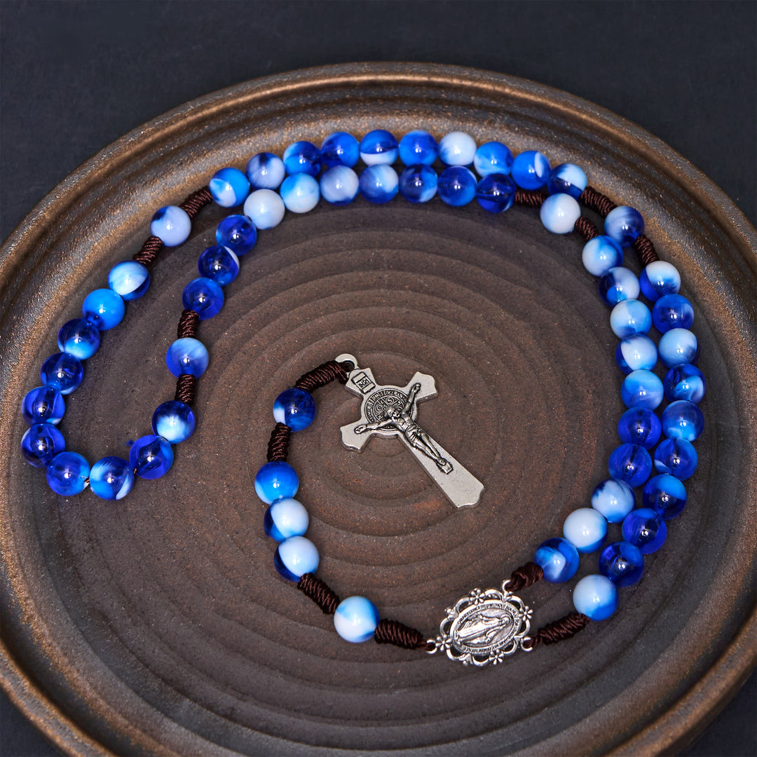 Miraculous Medal & Crucifix of 10 mm Round Blue/Purple Acrylic Nylon Cord Rosary