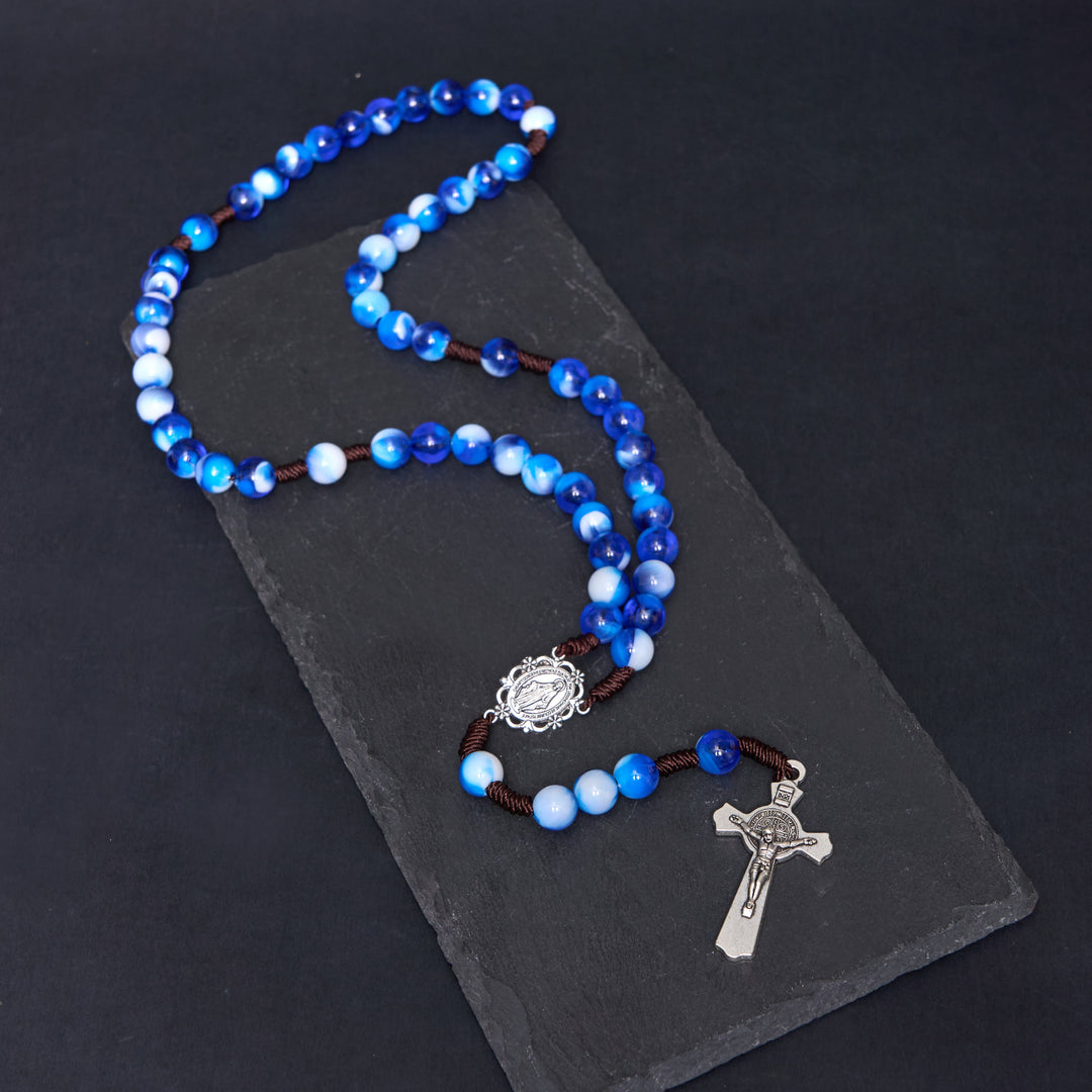 Miraculous Medal & Crucifix of 10 mm Round Blue/Purple Acrylic Nylon Cord Rosary