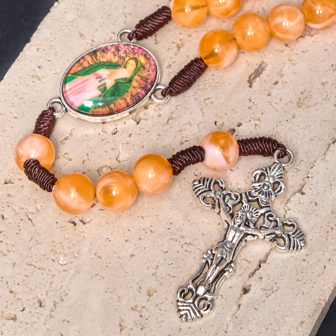 Our Lady of Guadalupe & Crucifix of 10 mm Round Orange Acrylic Nylon Cord Rosary - image 5