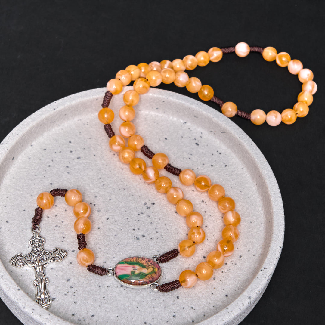 Our Lady of Guadalupe & Crucifix of 10 mm Round Orange Acrylic Nylon Cord Rosary - image 2