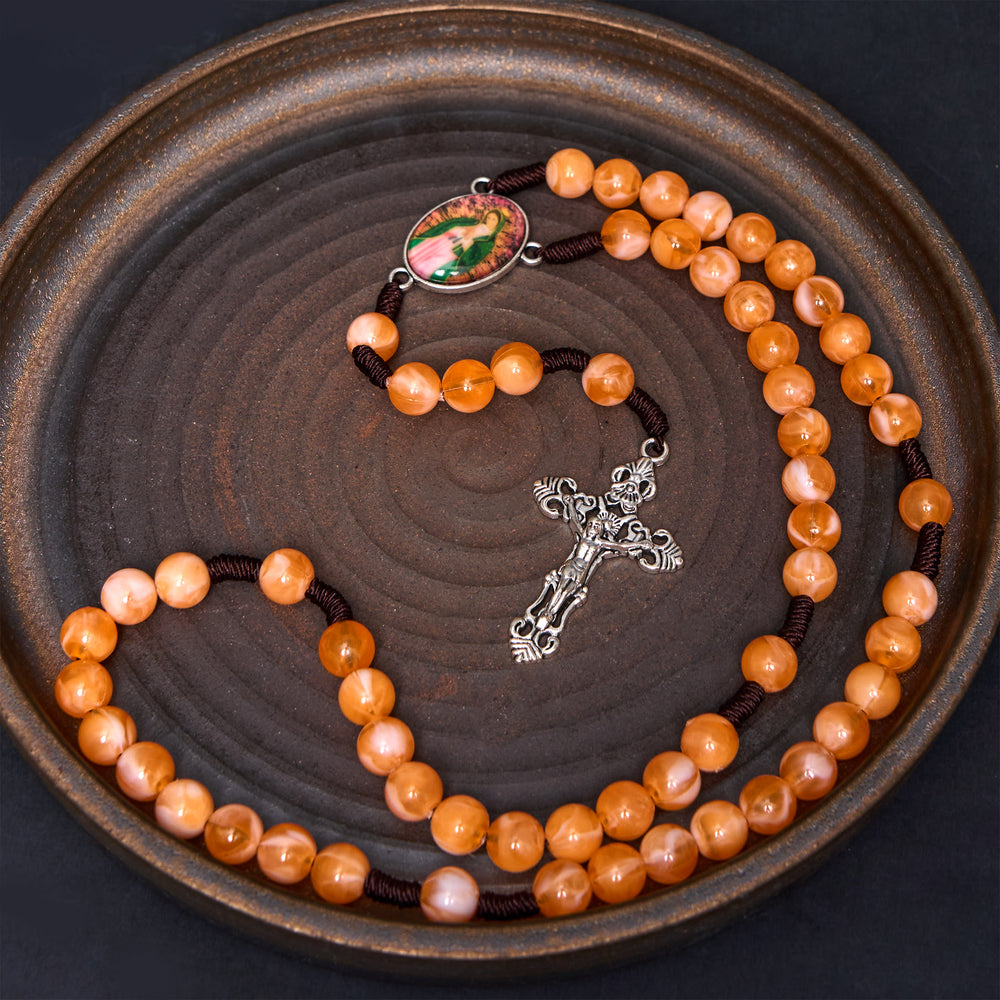 Our Lady of Guadalupe & Crucifix of 10 mm Round Orange Acrylic Nylon Cord Rosary - image 1