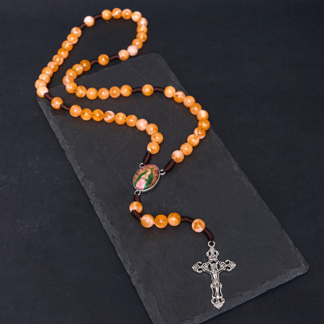Our Lady of Guadalupe & Crucifix of 10 mm Round Orange Acrylic Nylon Cord Rosary - Orange - image 0