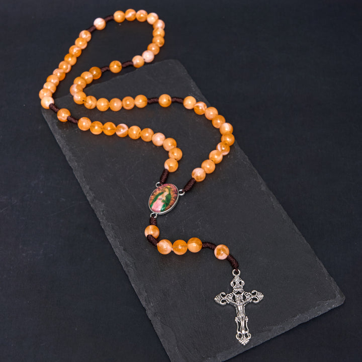 Our Lady of Guadalupe & Crucifix of 10 mm Round Orange Acrylic Nylon Cord Rosary - Orange - image 0