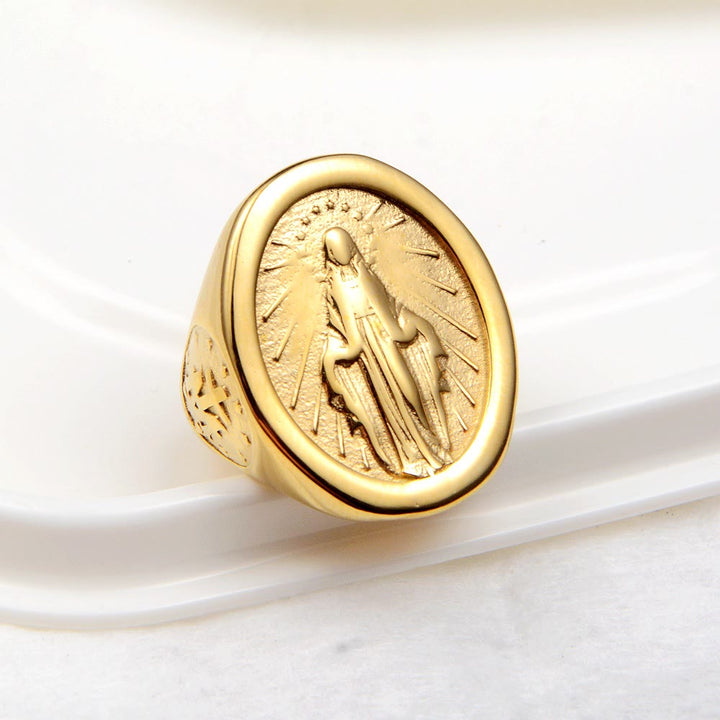 Christianartworkshop Classic Minimalist Style Virgin Mary Miraculous Medal Faith Connection Ring - image 0