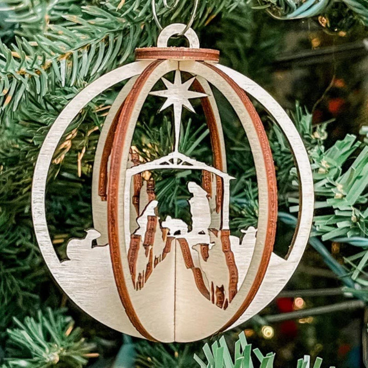 Christianartworkshop Rustic Style Nativity Scene Orb Wood Pendant Christmas Nativity Hanging Ornaments - image 2