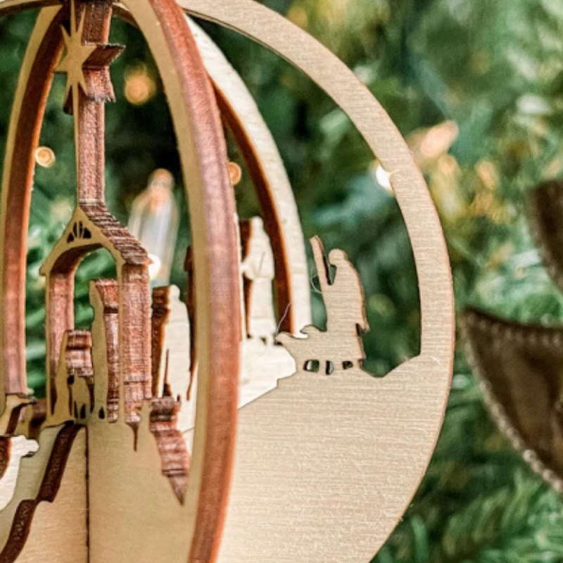 Christianartworkshop Rustic Style Nativity Scene Orb Wood Pendant Christmas Nativity Hanging Ornaments - image 4