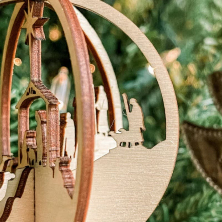 Christianartworkshop Rustic Style Nativity Scene Orb Wood Pendant Christmas Nativity Hanging Ornaments - image 4