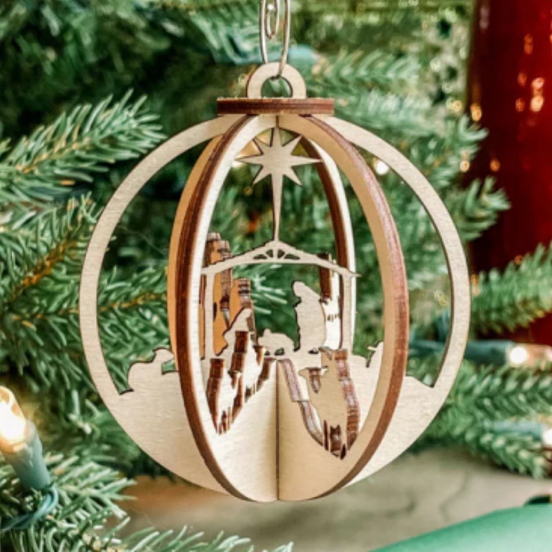 Christianartworkshop Rustic Style Nativity Scene Orb Wood Pendant Christmas Nativity Hanging Ornaments - image 3