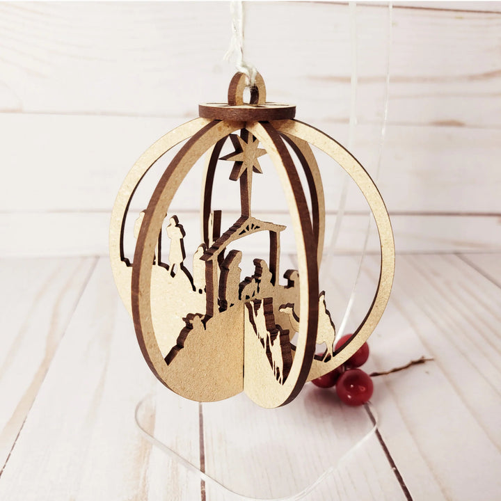 Christianartworkshop Rustic Style Nativity Scene Orb Wood Pendant Christmas Nativity Hanging Ornaments - image 1